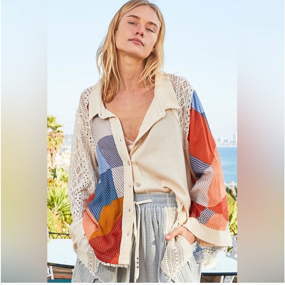 New POL Oversized Printed, Crochet and Thermal Button Down
